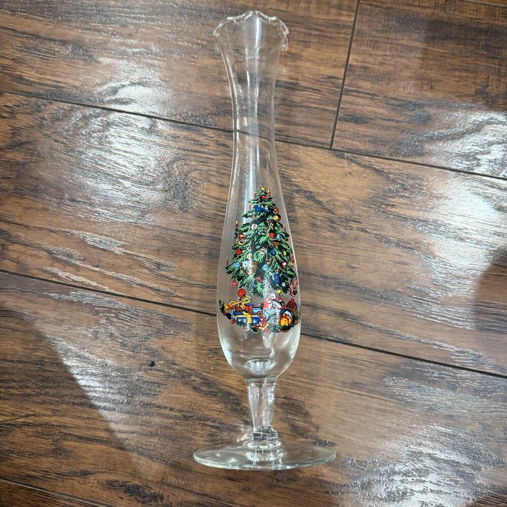 Vintage 1980s Pasabahce Christmas Spode Bud Vase w Tree, Flared Ruffled Rim, E4